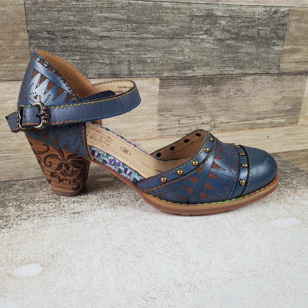 L'Artiste Niobella Womens Mary Jane Pumps Sz 6 Navy Blue Leather Block Heel